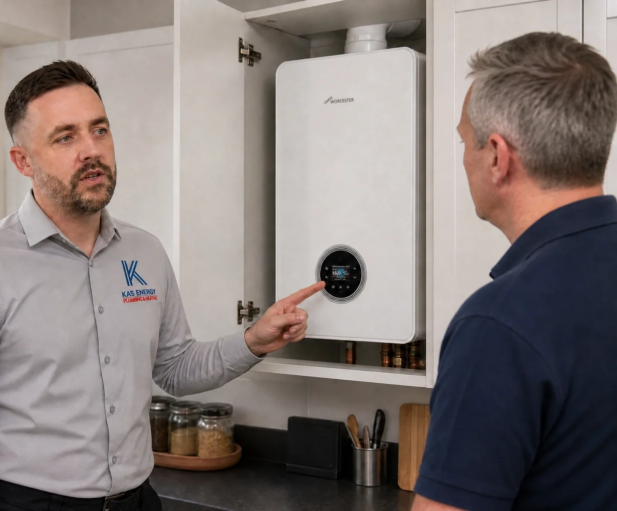 KAS Energy Gas Safe engineer explaining boiler care plan to homeowner in Derbyshire