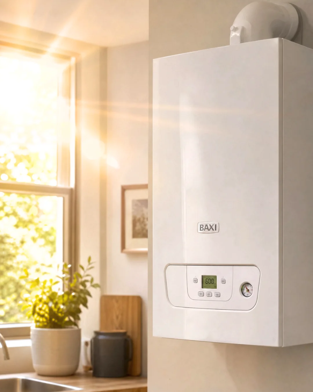 Baxi boiler mounted on a bright kitchen wall with summer sunlight streaming through the window